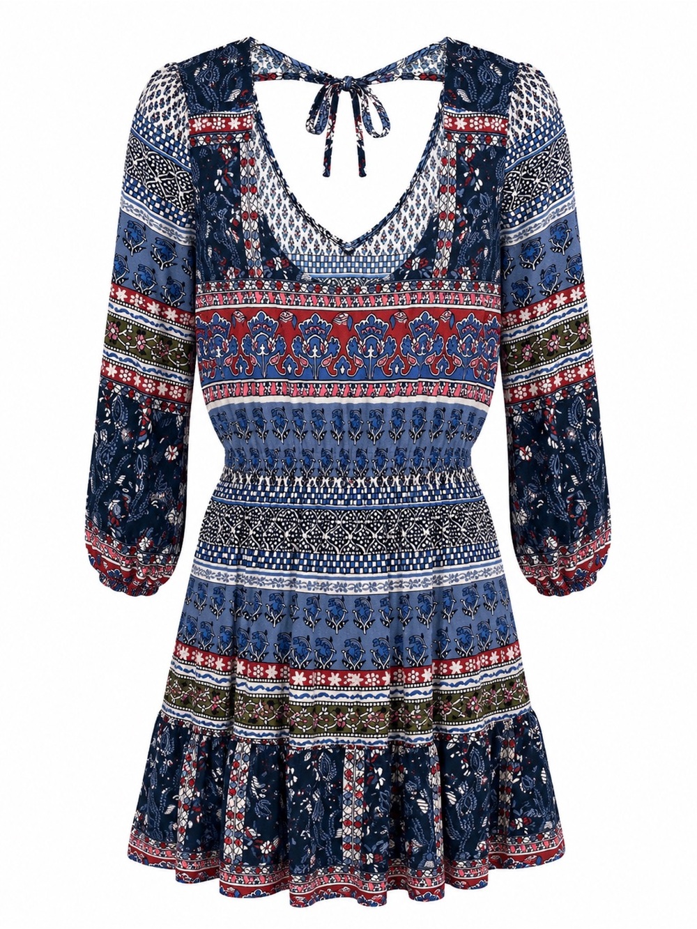 Hollister Boho Patchwork Floral Mini Dress Cutout Back 3/4 Sleeve Size M